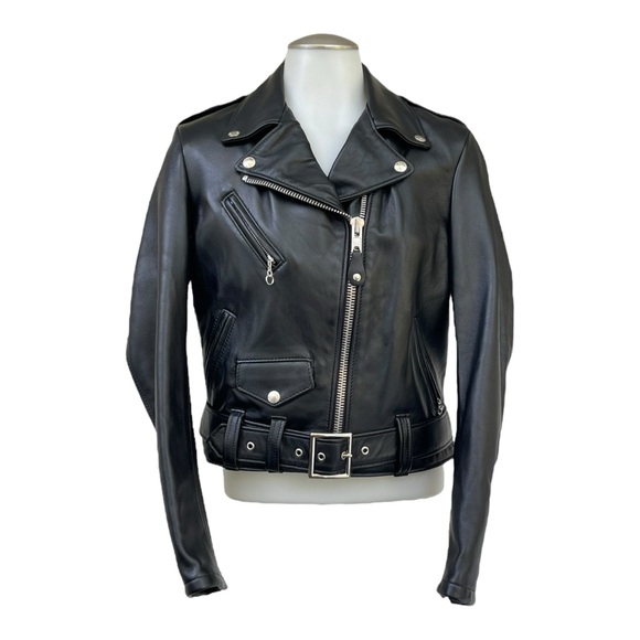 SCHOTT NYC Womens M Leather 1 Star Perfecto Moto Jacket Cropped Biker Belted NWT - Picture 2 of 16
